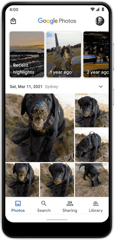 Google Photos Memories — Recent highlights carousel and Sydney photo grid from Mar 11, 2021.